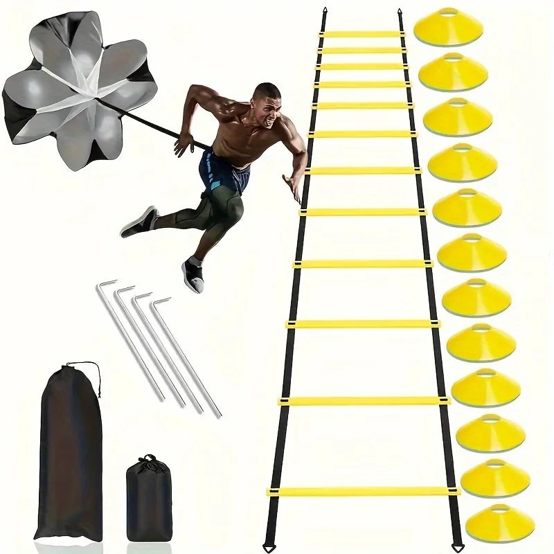 east Fitness 1 Set Soccer Training Agility Ladder Set, Logo Disks, Resistance Umbrella, Spikes, Obstacles Speed Awareness Training