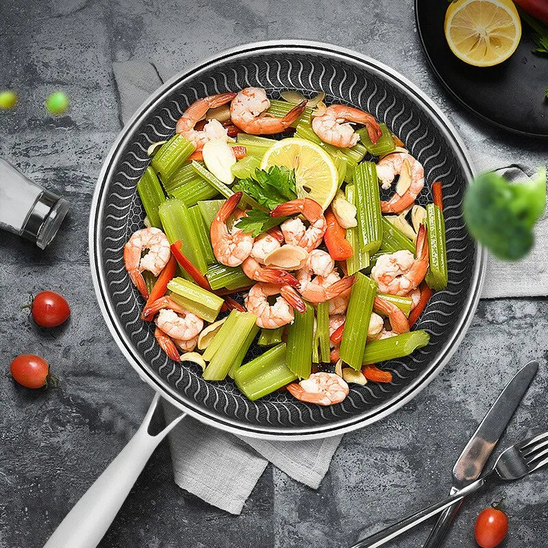 Nawongo Whole Body Tri-Ply Stainless Steel Frying Pan 316 Stainless Steel Wok Pan Double-sided Honeycomb Skillet Suitable for All Stove