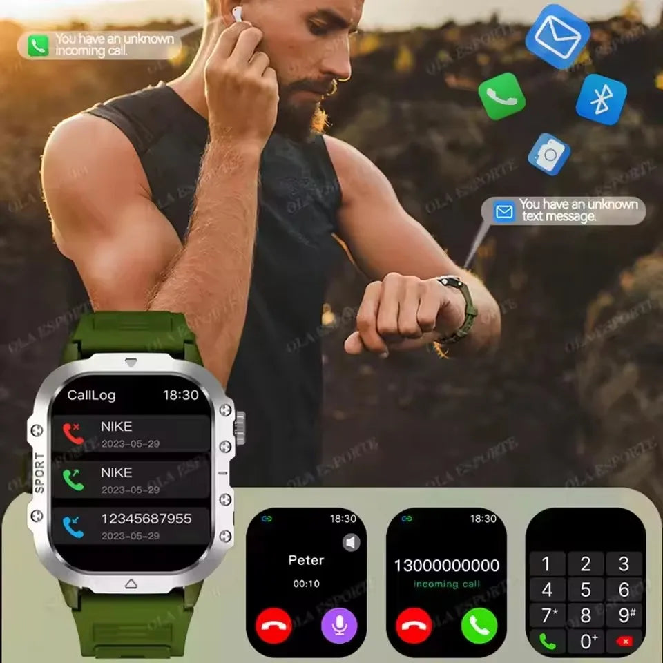 New Military Style Smart Watch Men's Flashlight Bluetooth Call & more features