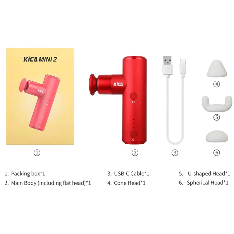KiCA Mini 2 Fascia Gun 4 Gear Aluminum Portable 3000rpm Deep High Speed 3 Massage Heads Gun for Sport, 195g