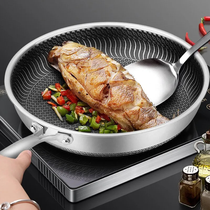Nawongo Whole Body Tri-Ply Stainless Steel Frying Pan 316 Stainless Steel Wok Pan Double-sided Honeycomb Skillet Suitable for All Stove