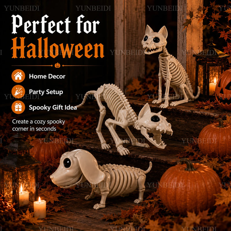 Halloween Animal Skeleton Cat & Dog Models – Realistic Horror Skeleton Ornaments for Haunted House, Garden & Party Decorations