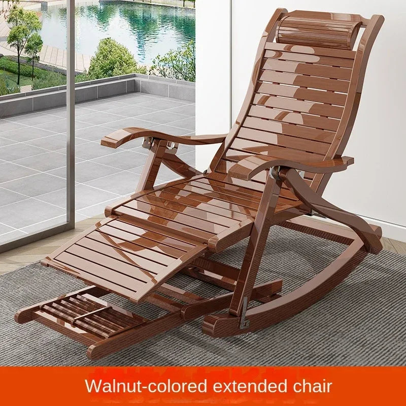 UVR Recliner Folding Rocking Chair Living Room Armchair Bed Office Lunch Break Nap Backrest Stool Bamboo Chaise Longue