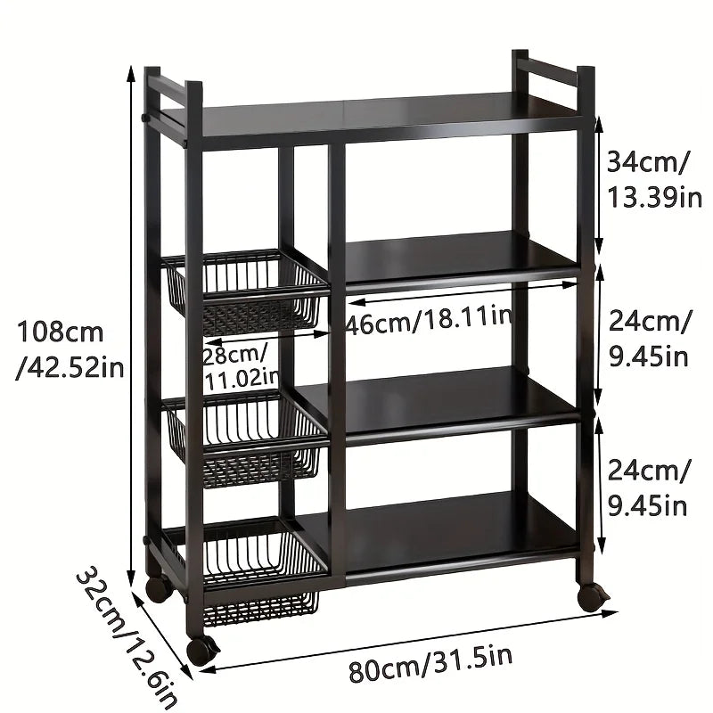 JIUAN 1pc Mobile Storage Rack, Adjustable 4-Tier Kitchen Shelf with 3 Wire Baskets, Kitchen Organizer and Storage