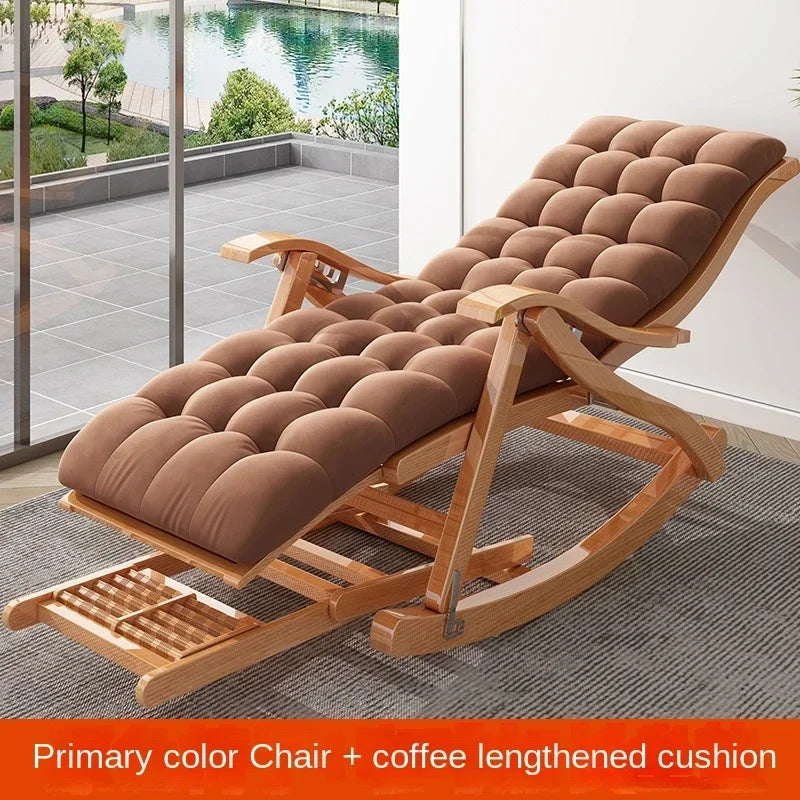 UVR Recliner Folding Rocking Chair Living Room Armchair Bed Office Lunch Break Nap Backrest Stool Bamboo Chaise Longue