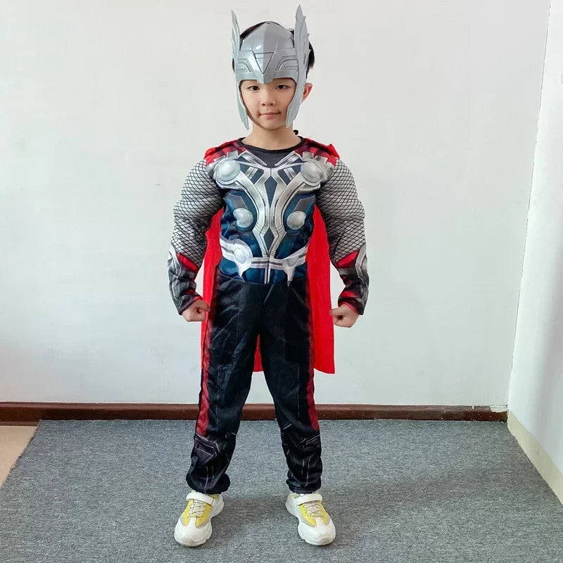 Thor Muscle Hero Cosplay Costume – Full-Body Superhero Jumpsuit with Hammer, Anime-Inspired Halloween & Carnival Costume Set for Kids
