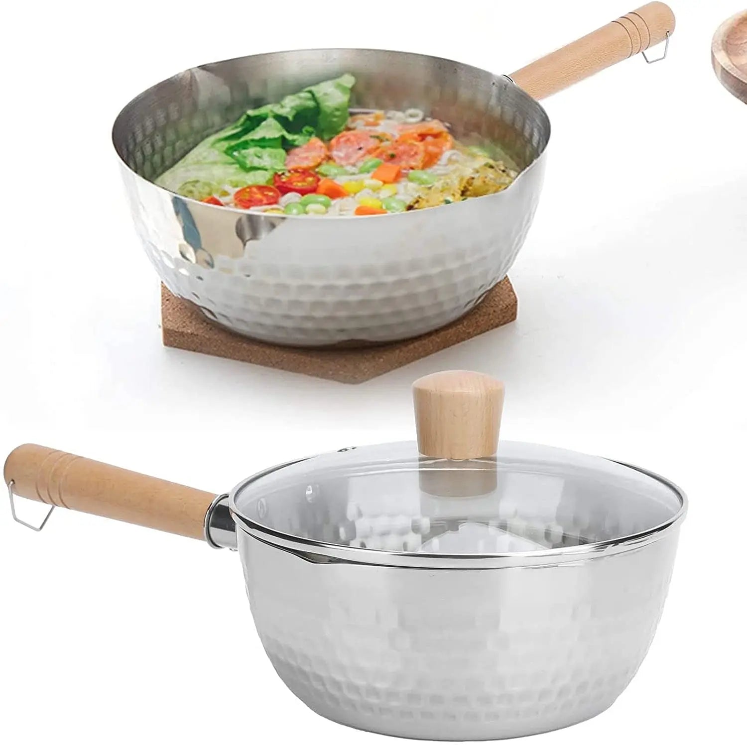 MYVIT Stainless Steel Saucepan with Lid Solid wood handle with hook Multipurpose Saucepan with Pour Spouts, Sauce Pot, Cooking Pot