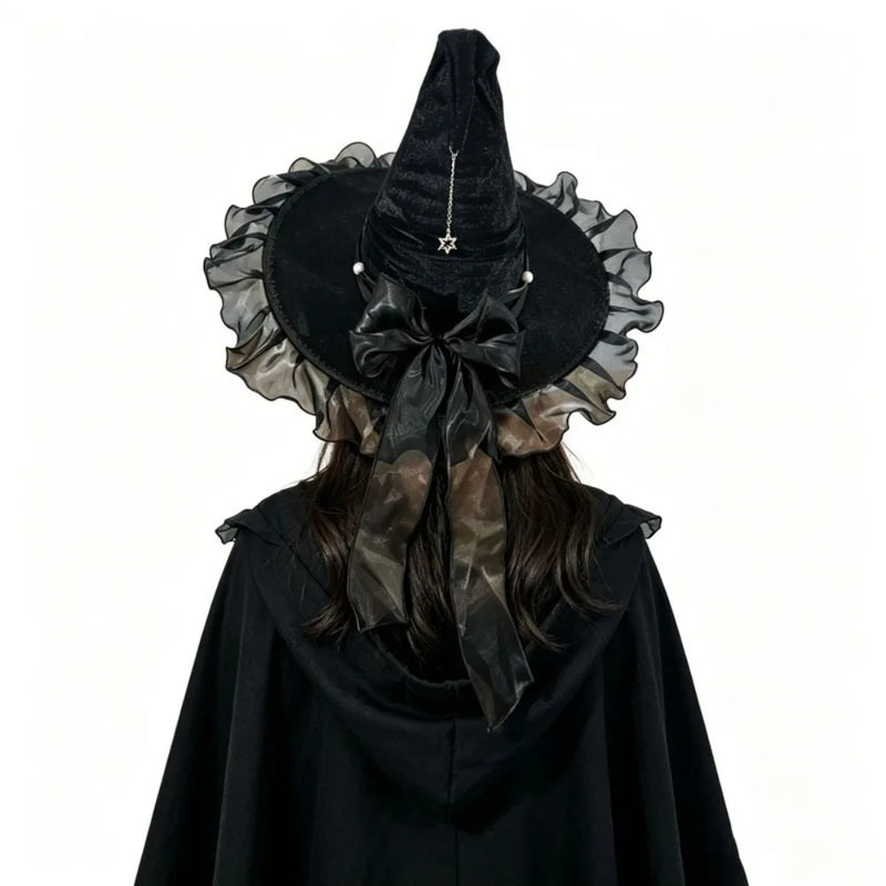 Gothic Lolita Witch Hat – Satin Bow, Lace & Star Pendant Bendable Masquerade Costume Hat for Women, Halloween Party & Cosplay