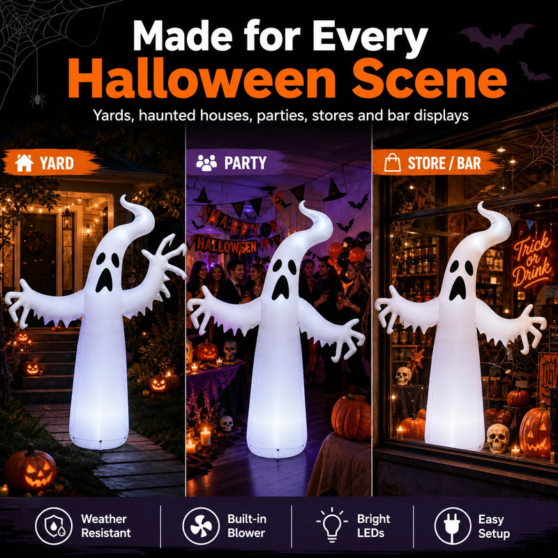 1.8M Giant Inflatable White Ghost with LED Lights – Halloween Horror Decoration, Waterproof PVC Outdoor Yard & Garden Party Prop