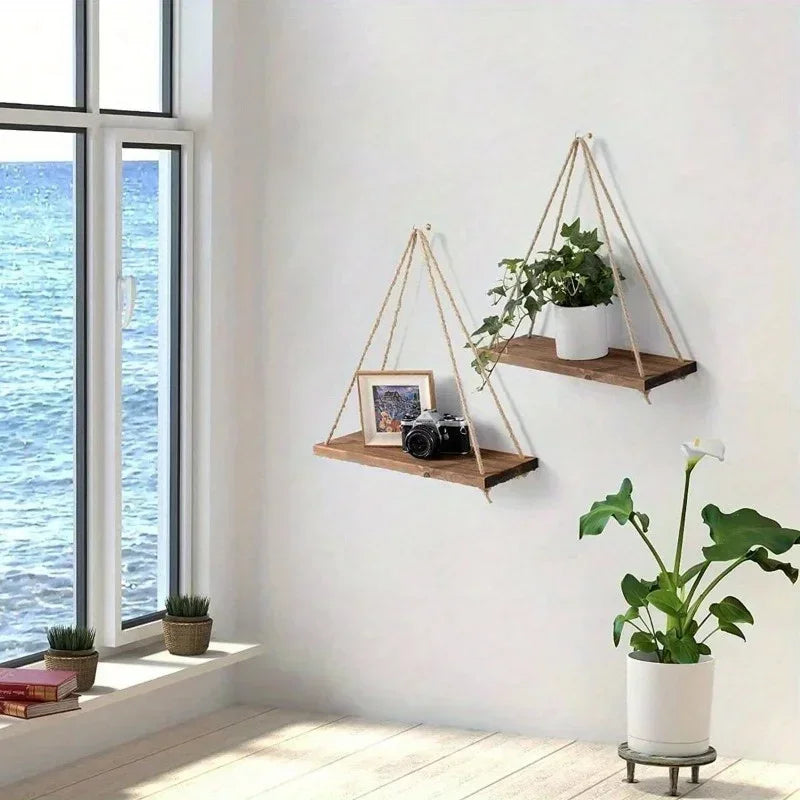 east Home Wooden Swing Hanging Hemp Rope Wall Shelve Mounted Floating Home Living Room Plant Flower Pot Tray Storage Garden Decoration