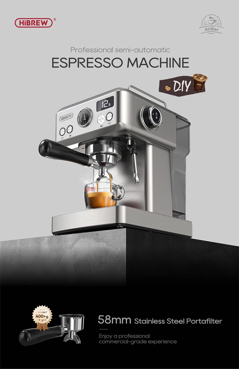 HiBREW 20Bar Semi Automatic Espresso Coffee Machine Temperature Adjustable 58mm Portafilter Cold/Hot Coffee Maker Metal