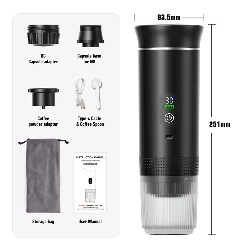 DENOKIN Portable Espresso Coffee Machine With Digital Display 3-in-1 Capsule Coffee Maker for Car & Home Camping Coffee Maker