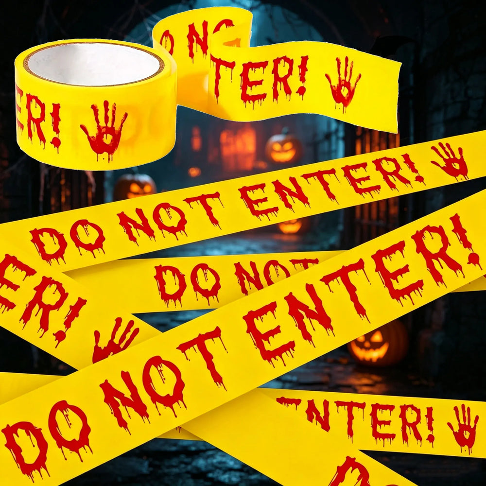 1pc 25m Halloween Do Not Enter Warning Tape – Bloody Handprint Drip Design Yellow Barrier Tape for Haunted House & Party Decor