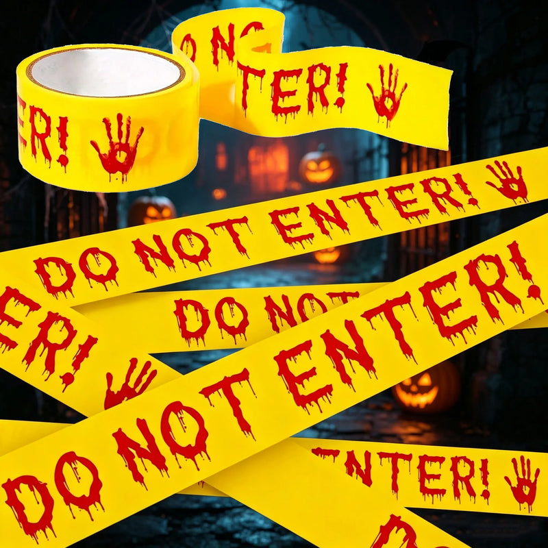 1pc 25m Halloween Do Not Enter Warning Tape – Bloody Handprint Drip Design Yellow Barrier Tape for Haunted House & Party Decor