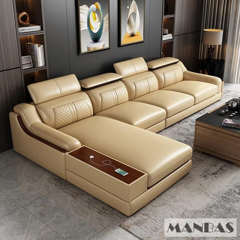 Alfour Modern Italian Leather Sofa for Living Room with Cup Holder, USB, Adjustable Headrests & Bluetooth Speaker - Linlamlim