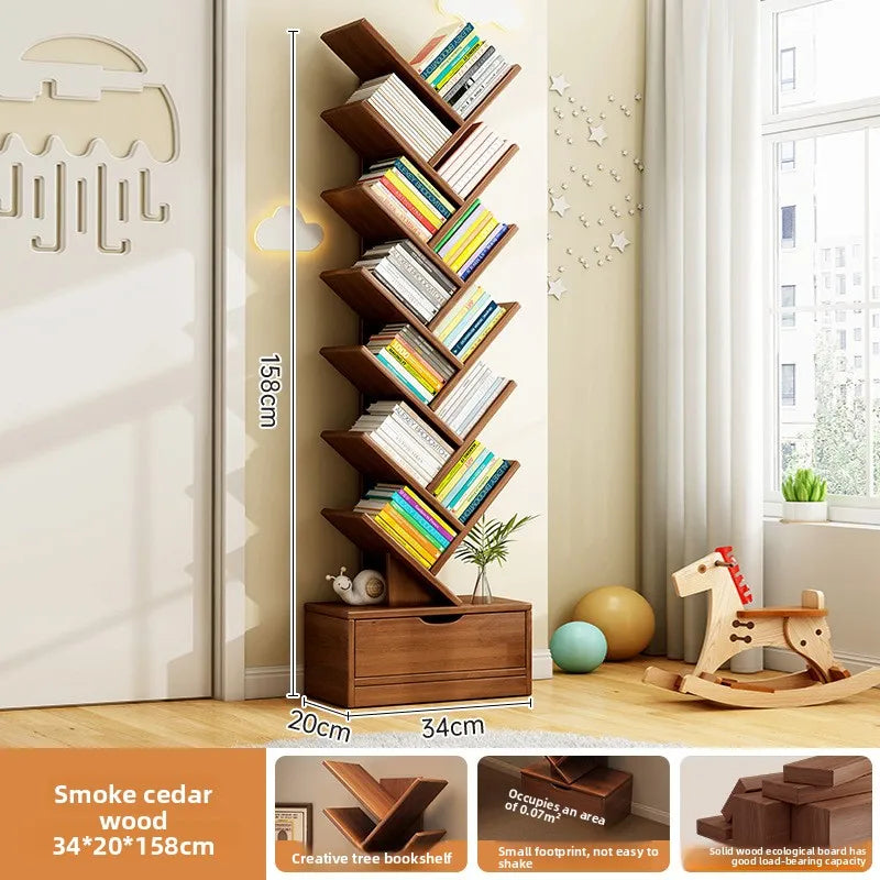 MOYU Tree Shaped Bookshelf with Cabinet Solid Wood Furniture Bookcase Floor Standing Narrow Storage Rack for Home Office Bedroom
