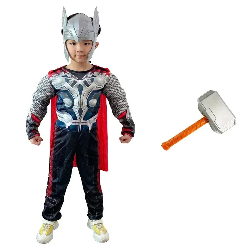 Thor Muscle Hero Cosplay Costume – Full-Body Superhero Jumpsuit with Hammer, Anime-Inspired Halloween & Carnival Costume Set for Kids