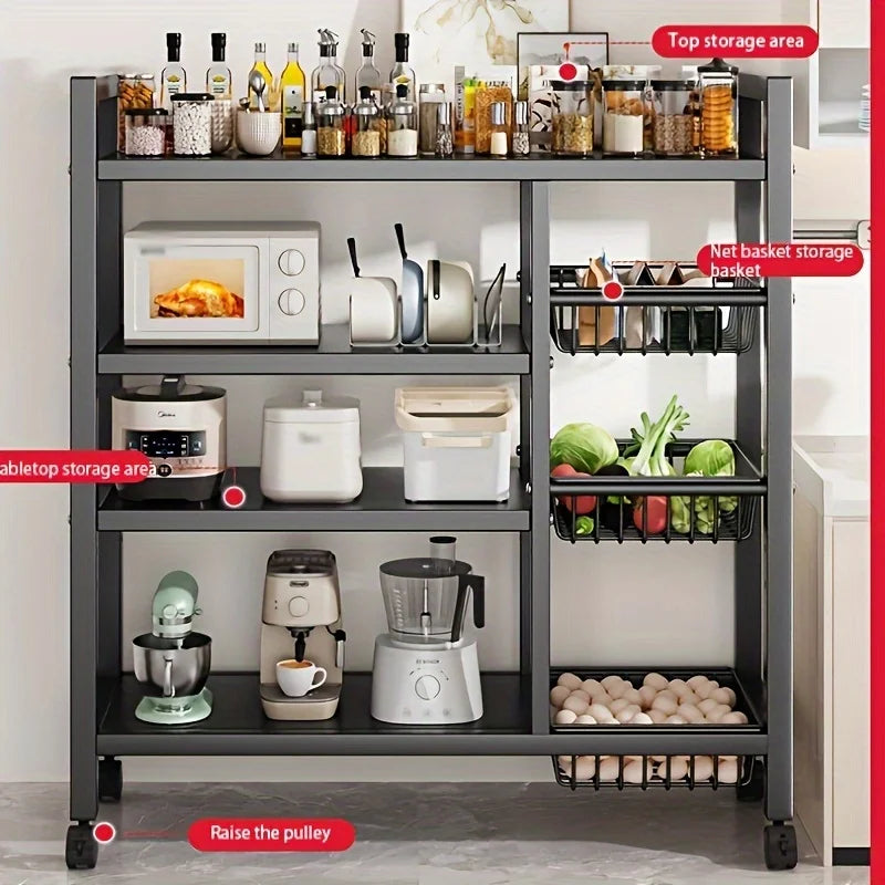 JIUAN 1pc Mobile Storage Rack, Adjustable 4-Tier Kitchen Shelf with 3 Wire Baskets, Kitchen Organizer and Storage