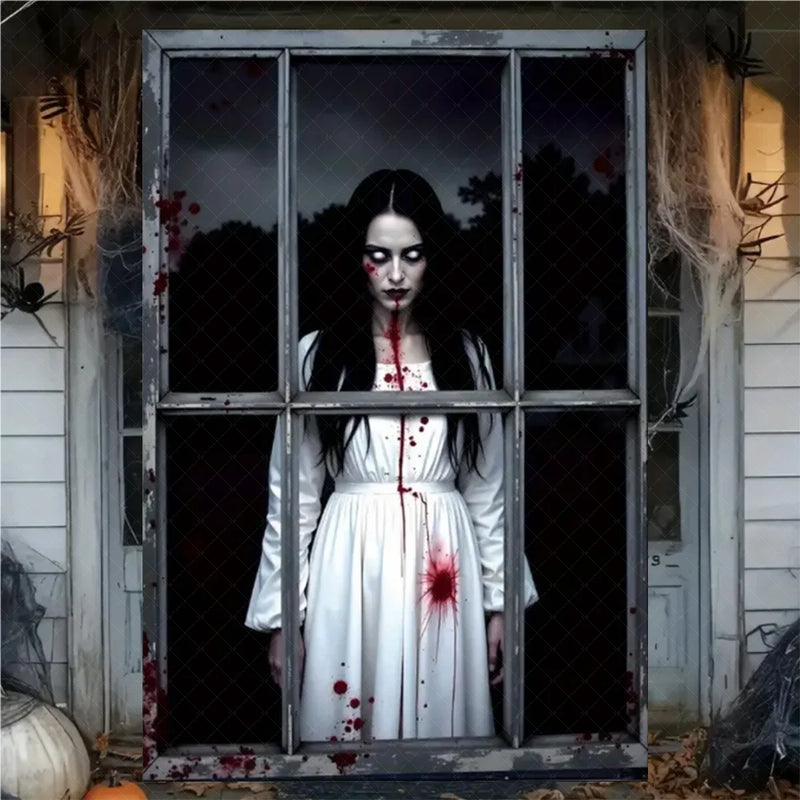 Halloween Horror Window Curtain Banner – Witch, Zombie & Ghost Hanging Decoration