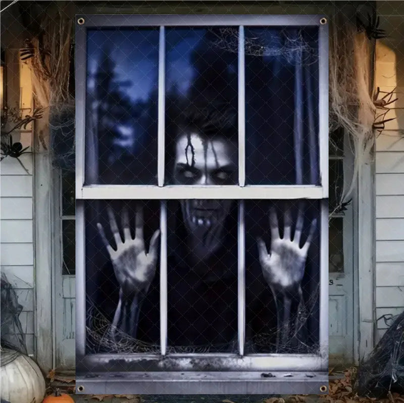 Halloween Horror Window Curtain Banner – Witch, Zombie & Ghost Hanging Decoration