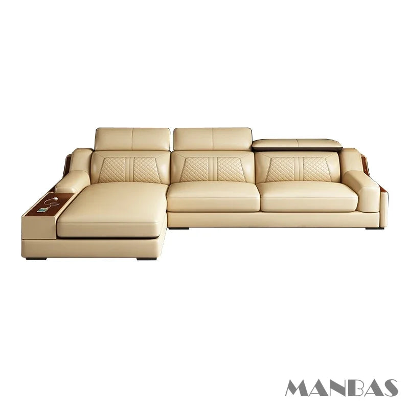 Alfour Modern Italian Leather Sofa for Living Room with Cup Holder, USB, Adjustable Headrests & Bluetooth Speaker - Linlamlim