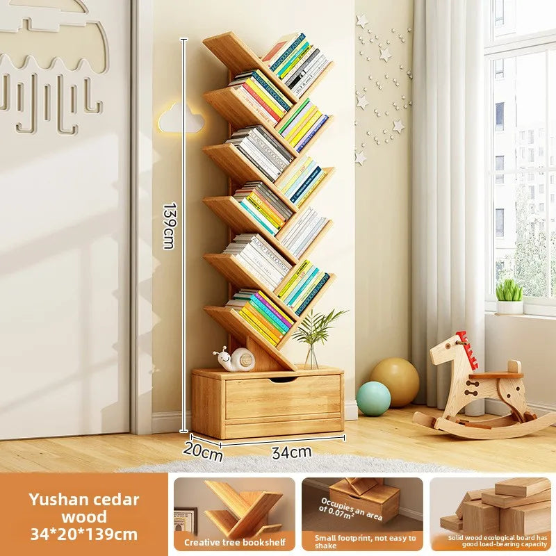 MOYU Tree Shaped Bookshelf with Cabinet Solid Wood Furniture Bookcase Floor Standing Narrow Storage Rack for Home Office Bedroom