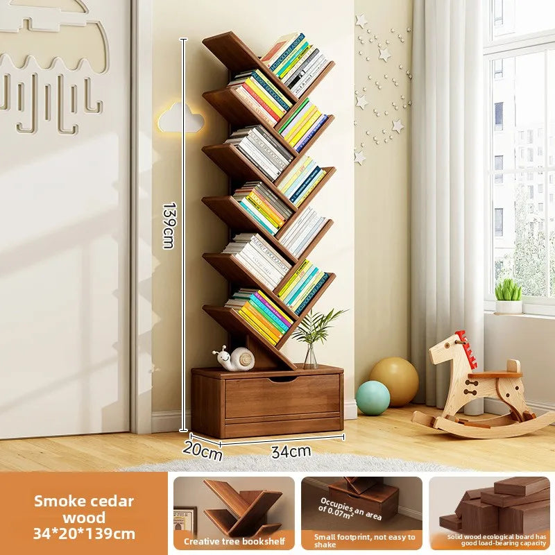 MOYU Tree Shaped Bookshelf with Cabinet Solid Wood Furniture Bookcase Floor Standing Narrow Storage Rack for Home Office Bedroom