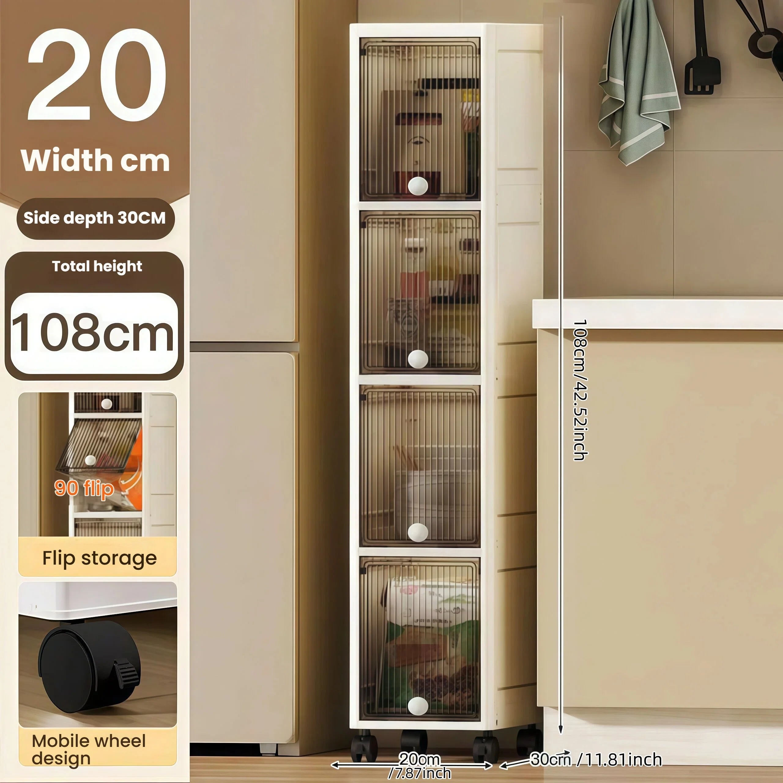 Storage Queen 20cm-Flip lid slit storage cabinet, kitchen slit shelf, bathroom multi-layer plastic snack cabinet, narrow-edge storage cabinet