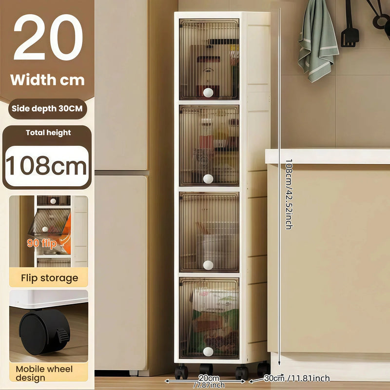 Storage Queen 20cm-Flip lid slit storage cabinet, kitchen slit shelf, bathroom multi-layer plastic snack cabinet, narrow-edge storage cabinet