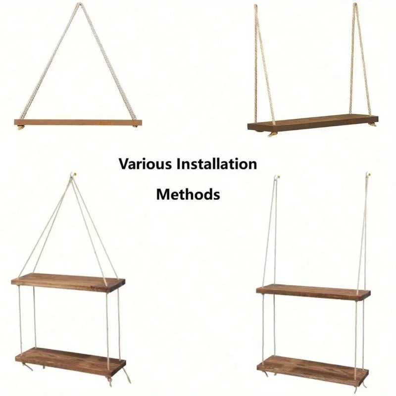 east Home Wooden Swing Hanging Hemp Rope Wall Shelve Mounted Floating Home Living Room Plant Flower Pot Tray Storage Garden Decoration