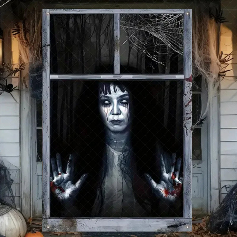Halloween Horror Window Curtain Banner – Witch, Zombie & Ghost Hanging Decoration