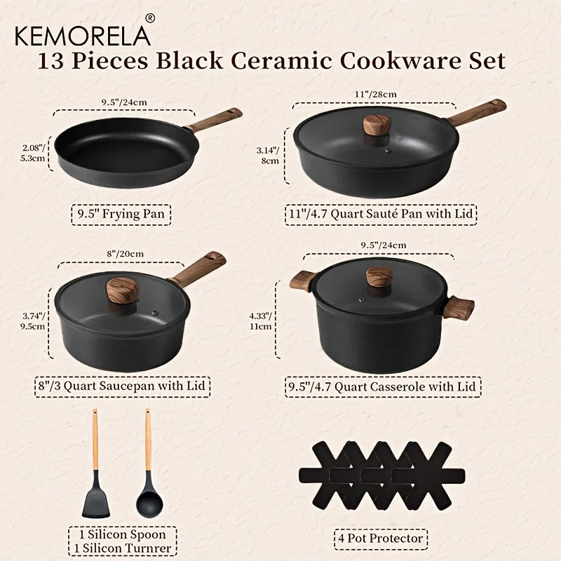 KEMORELA 13PCS Ceramic Cookware Set - Nonstick -Free Pots & Pans with Removable 360° Rotation Handles Stackable Black Set for All Stoves