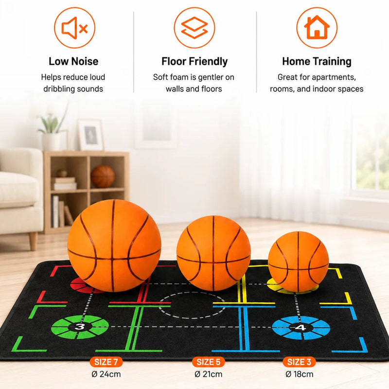 Basketball Training Mat + Silent Balls Set, Sizes 3 5 7, Indoor Practice & Coordination