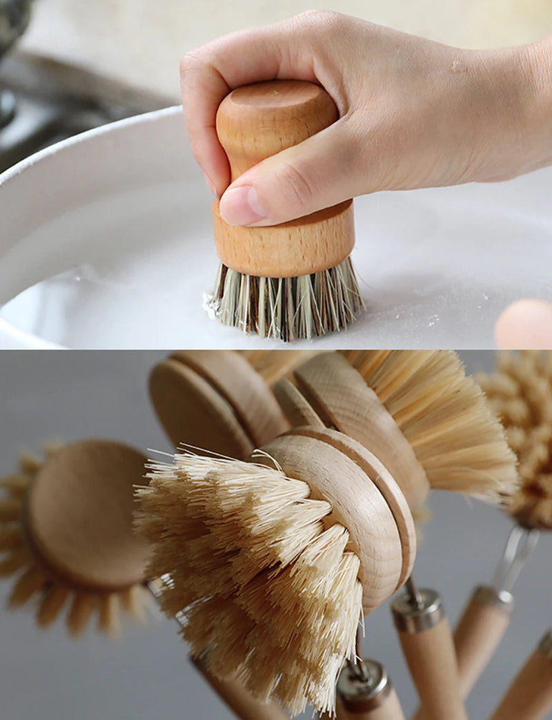 Vilda Bamboo Kitchen Cleaning Brush Natural Dishes Pots Pans Sink Washing Brush Eco-friendly Clean Scrubber with Draining Storage Tray