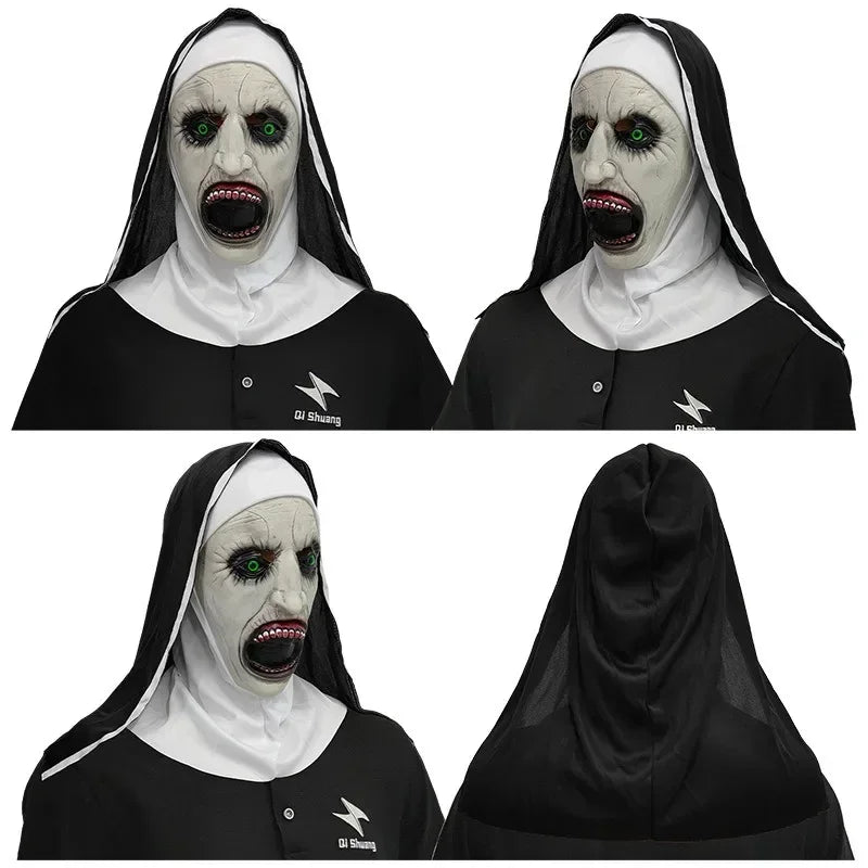 Scary Nun Mask Halloween Costume Bloody Horror Devil Face with Headwrap