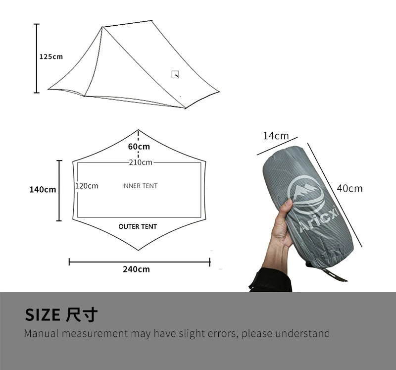 Aricxi tent 2 Person Outdoor Ultralight Camping Tent 3 Season Professional 15D Silnylon Rodless Tent grey black
