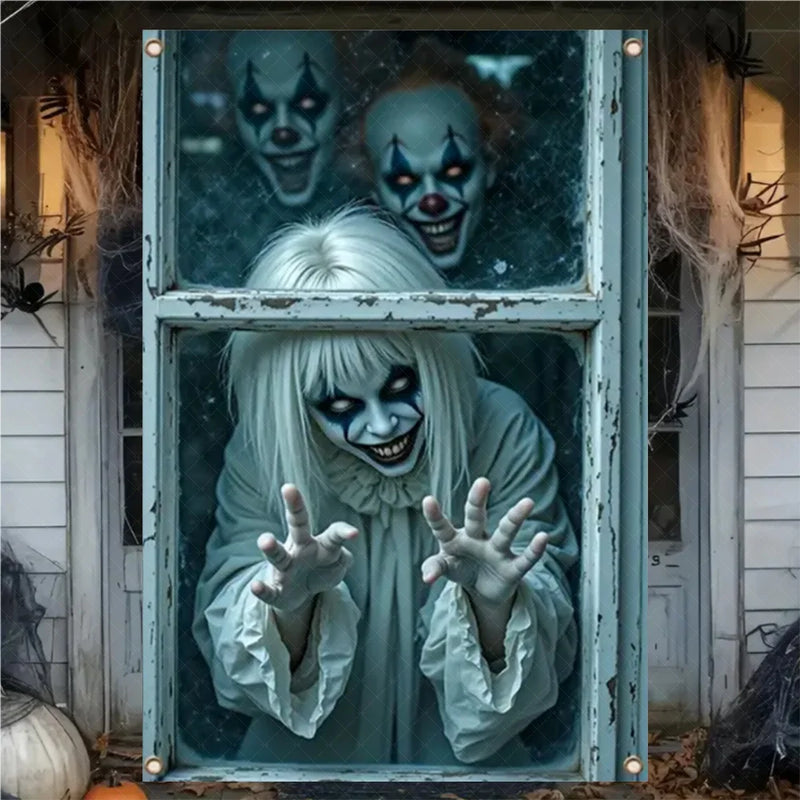 Halloween Horror Window Curtain Banner – Witch, Zombie & Ghost Hanging Decoration