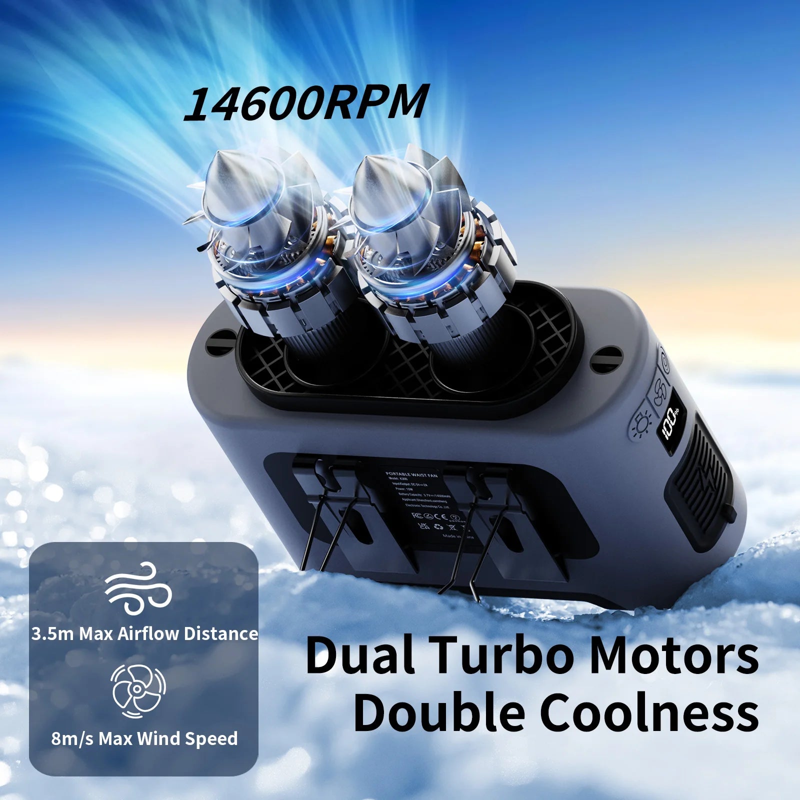 Socool 14500mAh Portable Waist Fan Dual Airflow Outlet Turbo Motors with Four Clips Emergency Flashlight Power Bank