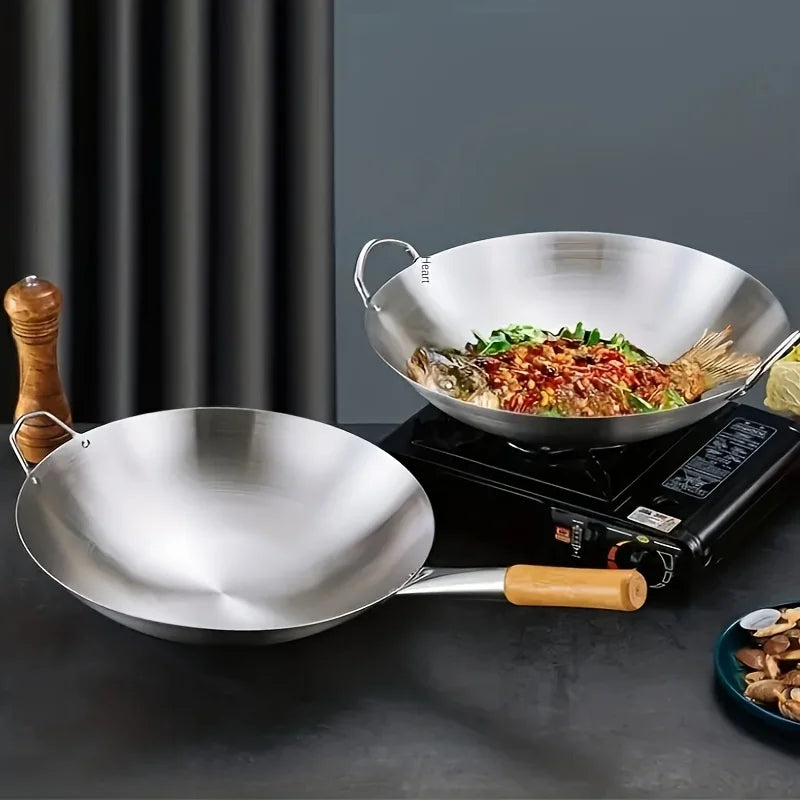 MasterBro 1pc Large Stainless-Steel Wok, Uncoated Thick High-Quality Durable Chef's Pan with Dual Handles, Easy to Clean