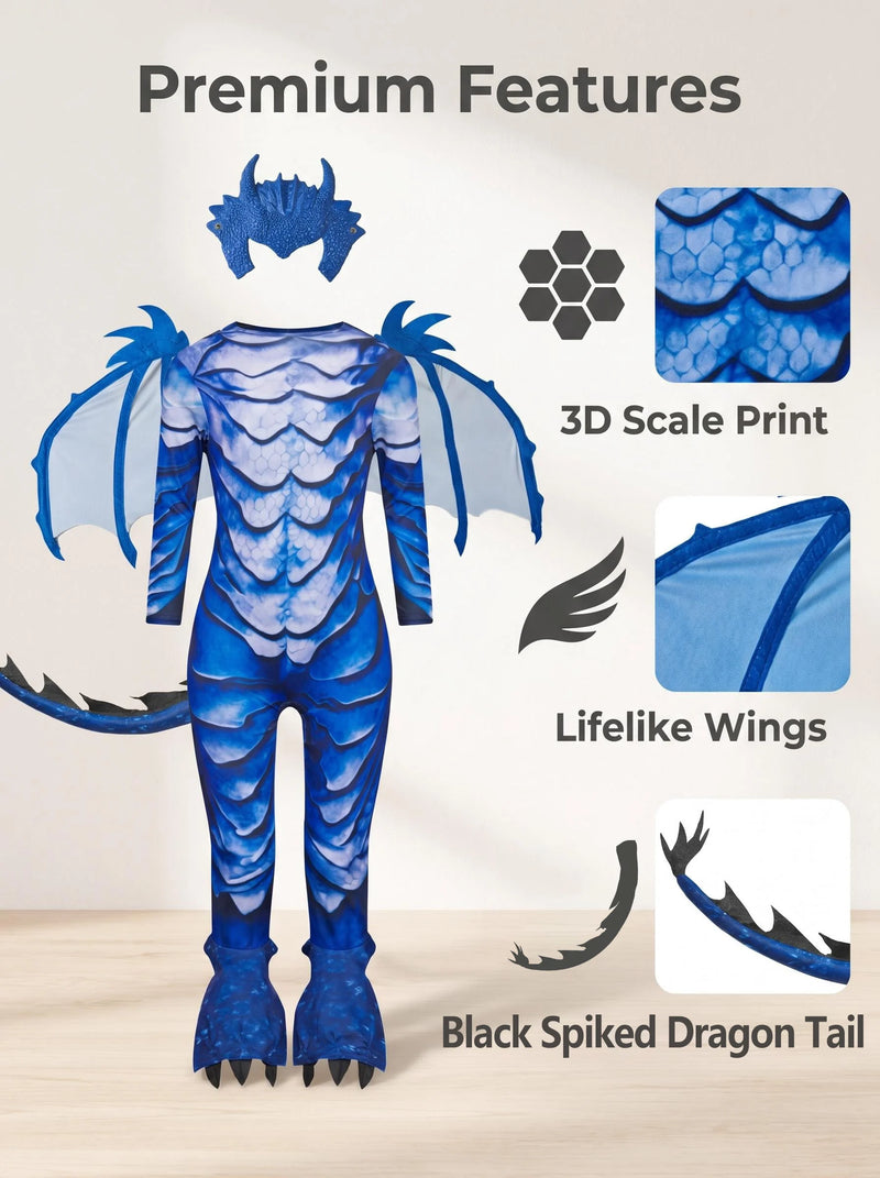 Kids Frost Blue Dragon Knight Costume – Fantasy Jumpsuit with Wings, Tail & Mask, Halloween Carnival Party Cosplay Outfit