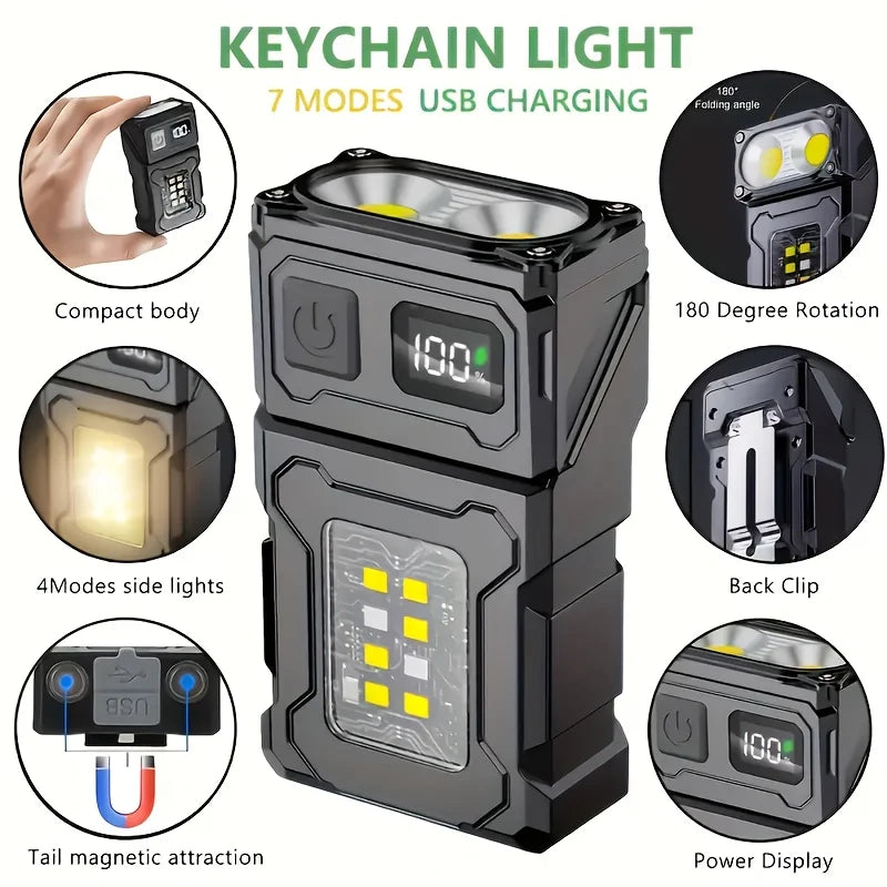 Clip-On Mini Portable LED Flashlight with Side COB Light Magnetic Tail USB Rechargeable