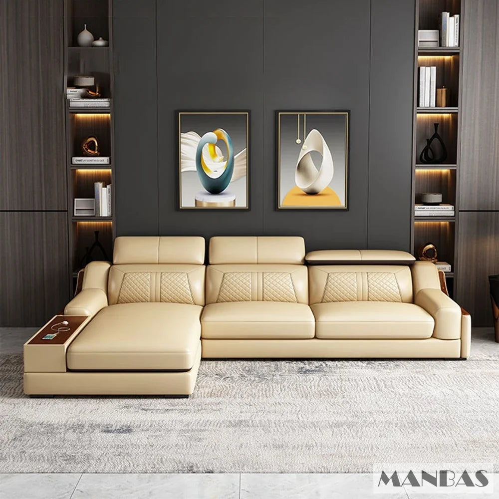 Alfour Modern Italian Leather Sofa for Living Room with Cup Holder, USB, Adjustable Headrests & Bluetooth Speaker - Linlamlim