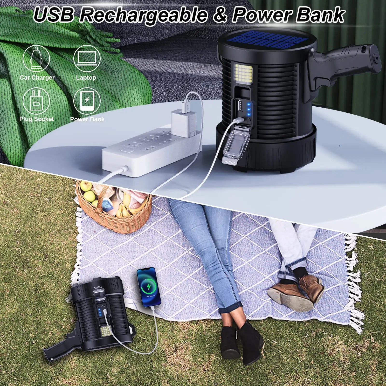 Rechargeable Spotlight 900000 Lumens Led Spotlights Handheld Large Flashlight Super Bright Outdoor Solar Spotlights Searchlight