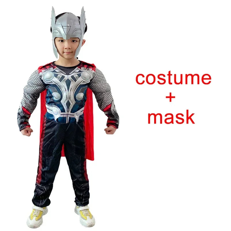 Thor Muscle Hero Cosplay Costume – Full-Body Superhero Jumpsuit with Hammer, Anime-Inspired Halloween & Carnival Costume Set for Kids