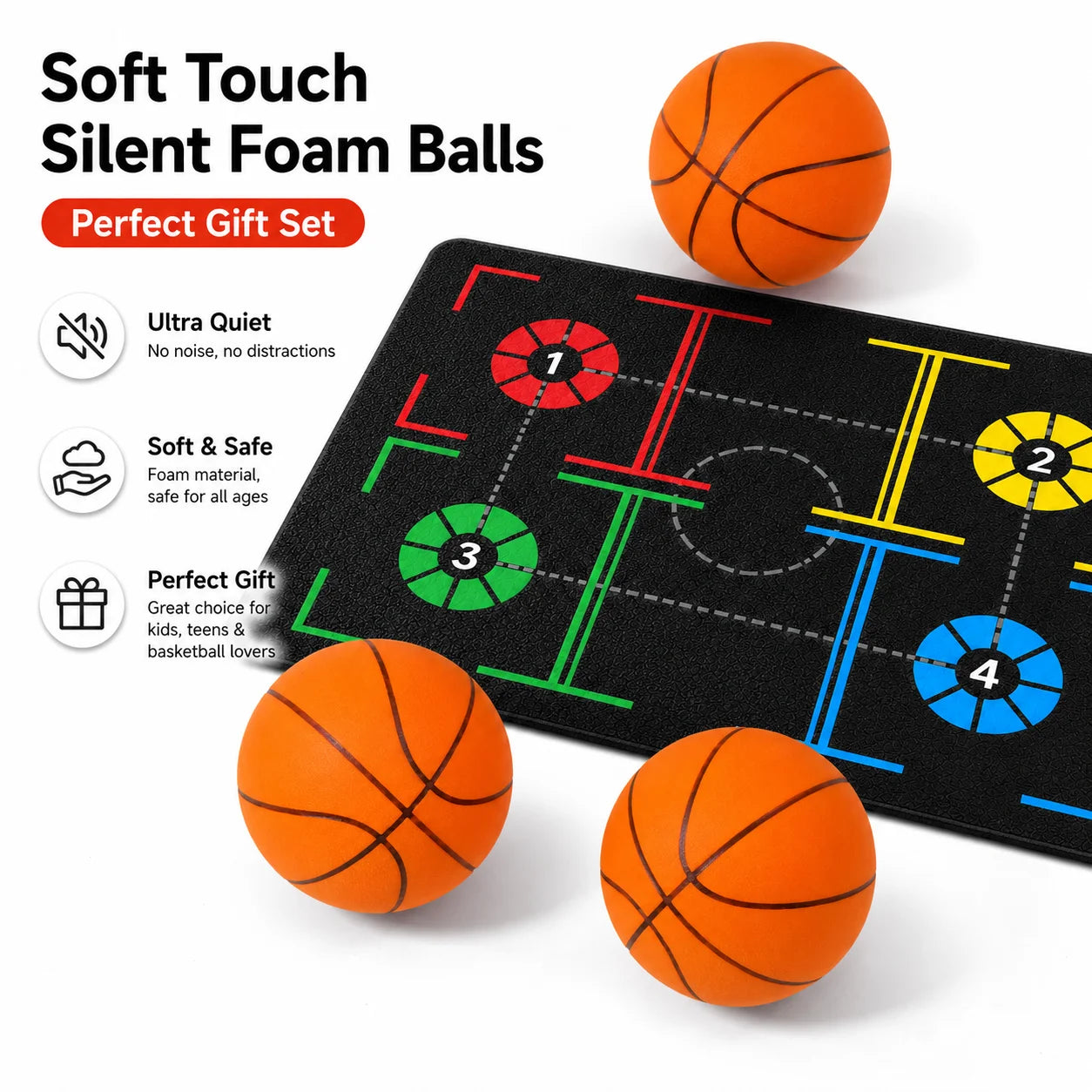 Basketball Training Mat + Silent Balls Set, Sizes 3 5 7, Indoor Practice & Coordination