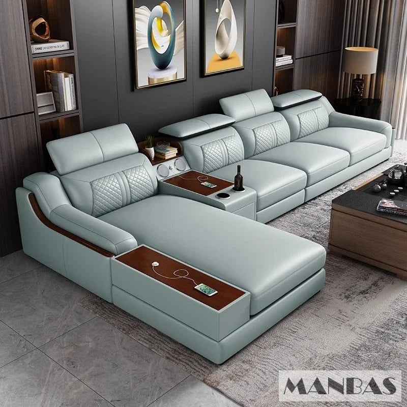 Alfour Modern Italian Leather Sofa for Living Room with Cup Holder, USB, Adjustable Headrests & Bluetooth Speaker - Linlamlim