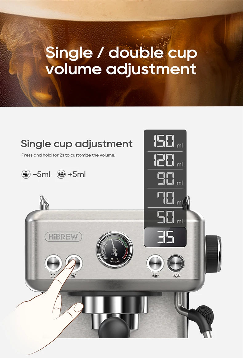 HiBREW 20Bar Semi Automatic Espresso Coffee Machine Temperature Adjustable 58mm Portafilter Cold/Hot Coffee Maker Metal