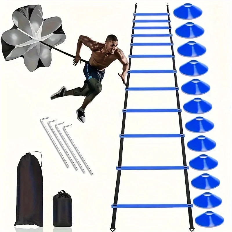 east Fitness 1 Set Soccer Training Agility Ladder Set, Logo Disks, Resistance Umbrella, Spikes, Obstacles Speed Awareness Training