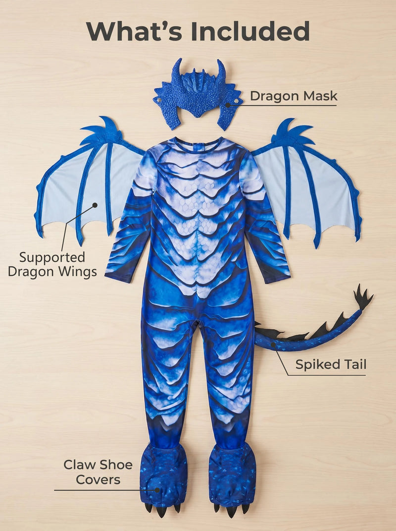 Kids Frost Blue Dragon Knight Costume – Fantasy Jumpsuit with Wings, Tail & Mask, Halloween Carnival Party Cosplay Outfit