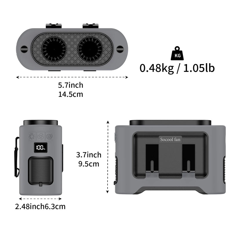 Socool 14500mAh Portable Waist Fan Dual Airflow Outlet Turbo Motors with Four Clips Emergency Flashlight Power Bank